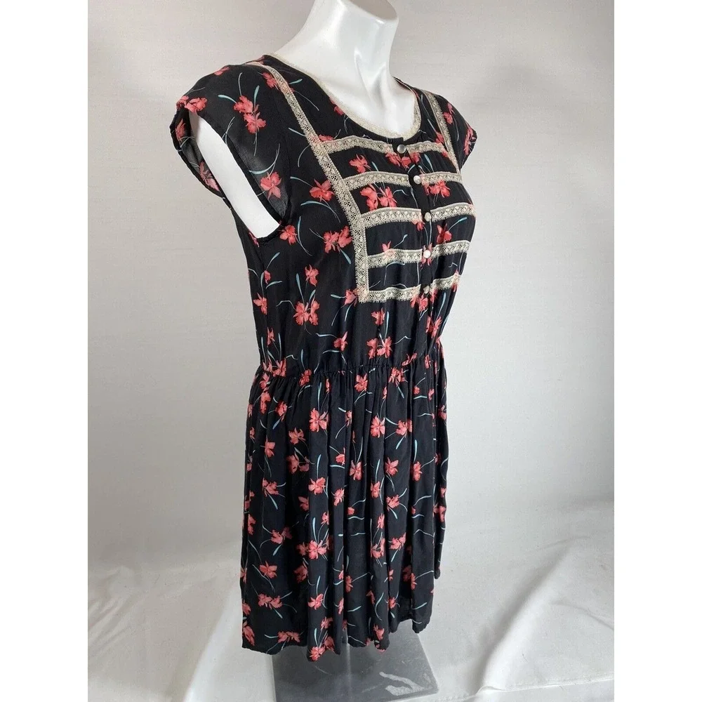Free People Tunic Top Womens 4‎ Black Embroidered Floral Boho Hippie